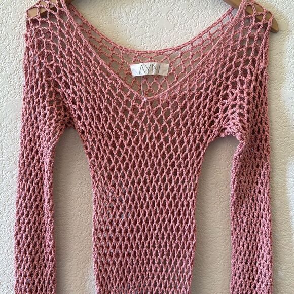 Ayni Pink Coral Crochet Knit Long Sleeve Maxi Dress Resort Swims Cover Up NWOT - Picture 5 of 13